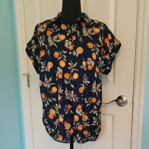 LOFT Dark Blue and Orange Floral Shirt Womens